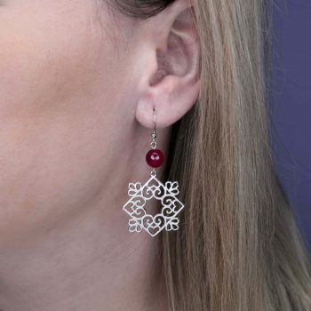 Náušnice Polomka štvorec ornament 1 + rubínový achát