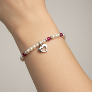 Náramok srdiečko Ornamentika MINI + biele sladkovodné perly / rubínový korund