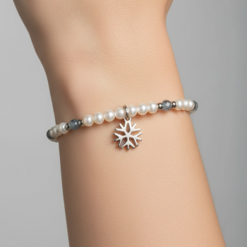 Náramok vločka MINI + biele sladkovodné perly / akvamarín