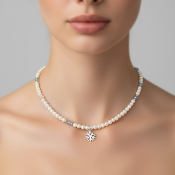 Náhrdelník - vločka MINI + biele sladkovodné perly / akvamarín