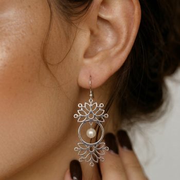 Náušnice modrotlač hviezda kruh + perly dlhe