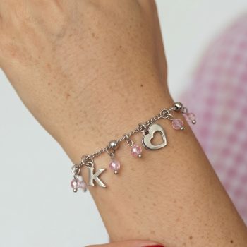 Náramok Abeceda – retiazka + ružový zirkón - srdiečko ornamentika