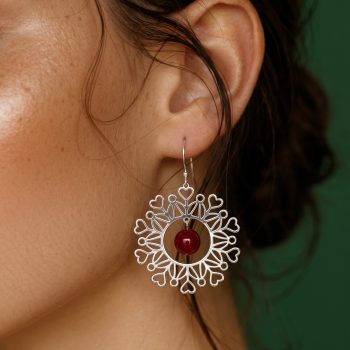 Náušnice Polomka srdcia ornament kruh + rubínový achát
