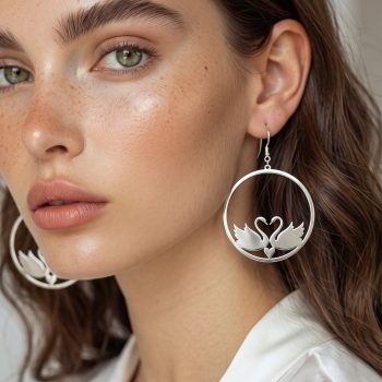 Earrings swan couple - circle - 5 cm