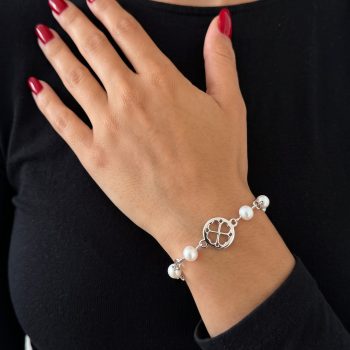 Bracelet Four-leaf Clover Lace MINI 1 – chain + white freshwater pearls