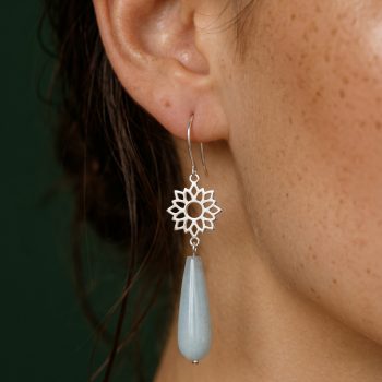 Earrings – blueprint sunflower 1.5 cm + aquamarine teardrop